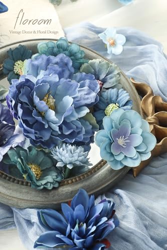Floroom Mini Artificial Flower Heads Dusty & Navy Blue Fake Peony Daisy Rose Multicolor Small Faux Silk Flower Heads for Cake Craft Garland Wedding Party Graduation Cap DIY Home Decoration, 0.8"-3.6" - color: Dusty Ocean Blue