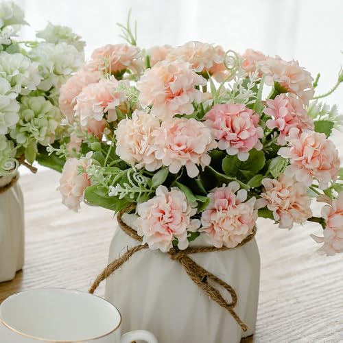 TKAS Fake Flowers Arrangement in Ceramic Vase, Artificial Faux Silk Hydrangea, Small Realistic Dried-Style Floral, Dining Table Centerpiece for Wedding Party Home Decoration (Pink) - color: Pink