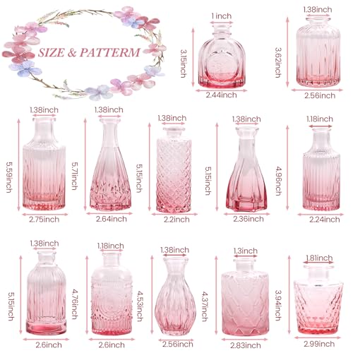 UPBUD Glass Pink Bud Vases Set of 12, Mini Flower Valentine Vase for Centerpieces, Small Vases in Bulk for Wedding Decorations, Vintage Vase for Table, Home Décor - color: Standard-pink, size: 12pcs
