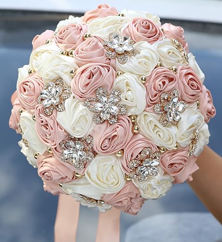 5.9" Mini Bridal Bouquet Handmade Satin Rose Round Wedding Bouquet Throw Toss Artificial Flower Bunch Pale Pink + Ivory - color: 809a Pale Pink/Ivory, size: 5.9"/15cm