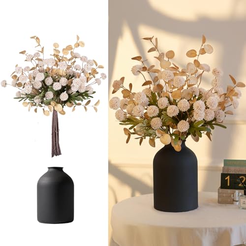 BLOSMON Fake Flowers Centerpieces for Tables: Gifts for Women Metal Vase with 12 Stems of Artificial Mums Kiku Eucalyptuses for Dining Room - Beige Faux Floral Arrangements in vase for Mothers Day - color: Beige