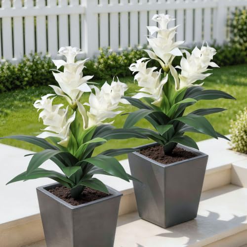 Ivydale Artificial Flowers for Outdoors, 2 Pcs 20.47" 3-Head Bromeliad Fake Plants UV Resistant Artificial Plants Outdoor Tropical Flowers for Planters Outside Porch Patio Yard Garden Indoor Decor - color: 3-head-white