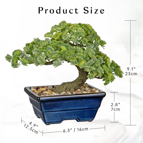 Artificial Bonsai Tree Faux Plants Indoor Fake Plants Decor with Blue Ceramic Pots for Home Table Office Desk Bathroom Shelf Bedroom Living Room Farmhouse Decor - style: Jade- glaze basin