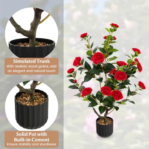 DREAMADE Artificial Camellia Tree Set of 2, 38” Tall Potted Plants Artificial Decoration w/Cement Pot, 24 Flowers, Decorative Bonsai, Faux Plant Greenery for Indoor Living Room Office Dining Room - color: Red,2