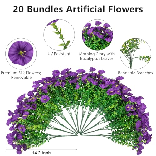 Bassion Artificial Flowers for Outdoors, 20 Bundles Silk Fake Flowers UV Resistant Realistic Morning Glory Faux Eucalyptus Plants for Outside Planters Porch Window Box Garden Indoor Decor - color: Purple