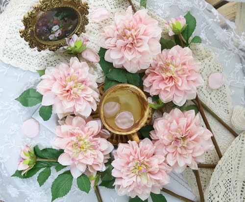 6pcs Dahlia Artificial Flowers Deep Pink Large Fake Dahlia Faux Silk Flowers with Long Stem for Wedding Bouquets Party Baby Shower Floral Arrangements Home Tables Decoration（Deep Pink - color: Deep Pink