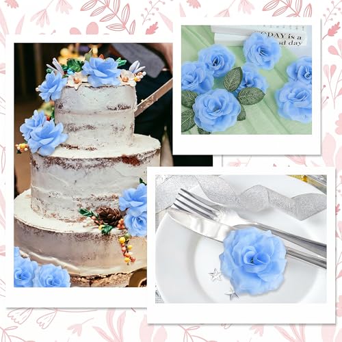 LELEE Rose Head Flowers with Stem, 108pcs Light Blue Rose Artificial Flowers Bulk, Silk Rose Fake Flower for Wedding Bouquet Party Home Decor DIY Baby Shower Centerpieces Tables Decoration - color: Light Blue
