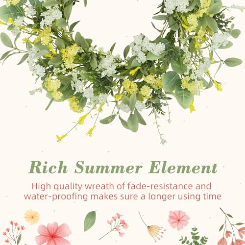 YNYLCHMX 20" Spring Summer Wreaths for Front Door, Artificial Floral Wreath with Yellow White Daisy & Green Eucalyptus Leaves, Green Foliage Wreath for Wall Window Farmhouse Party Holiday Home Decor - color: Daisy