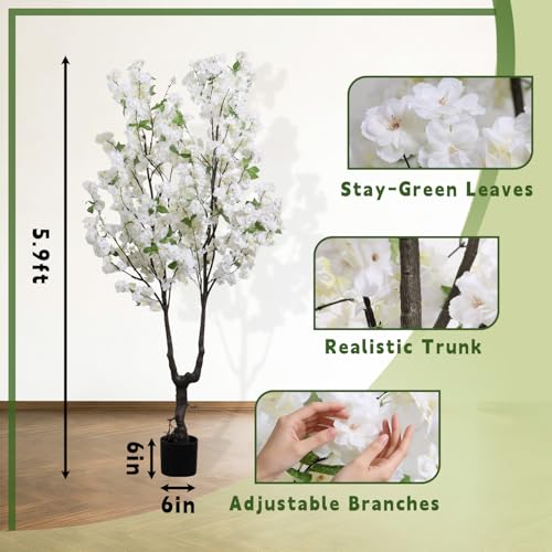 Faux Cherry Blossom Tree Artificial White Flowering Trees Fake Cherry Blossom Decorative Tree 6FT Indoor for Christmas New Year Home Decor - color: White-ap30