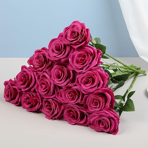 15pcs Fake Roses Artificial Silk Flowers Faux Rose Flower Long Stems Bouquet for Arrangement Wedding Centerpiece Party Home Kitchen Decor - color: Magenta