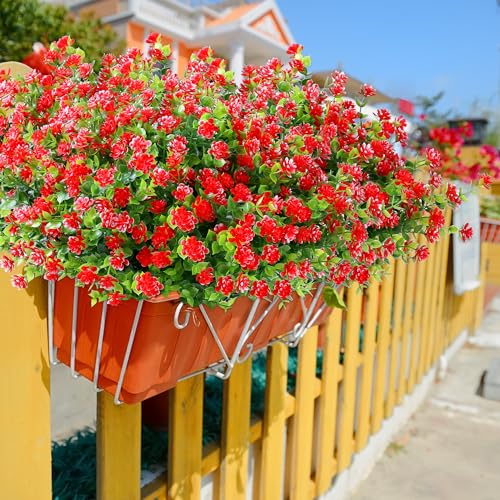 SITUMEIZI 8 Bundles Red Artificial Flowers Outdoor Fake Flower Plastic UV Resistant Shrubs Greenery Plants Hanging Decorations Garden Porch Window Box Farmhouse Outside Summer Indoor Decor - color: Red