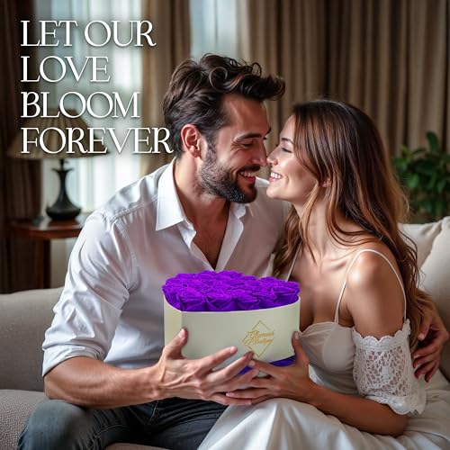 GLAMOUR BOUTIQUE Preserved Roses in a Box - Gifts for Her, Wife & Mom, Rose Flowers Forever Decor for Birthday Gift, Get Well Flower Bouquet Cased in White Box with Cover - Purple - 27 (Color-Treated) - color: Purple, size: 27 Roses Heart Box