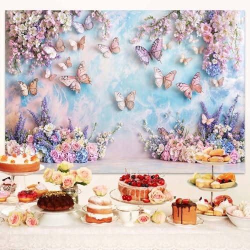 Purple Butterfly Floral Backdrop Elegant Flowers Photography Background for Girls Princess Butterfly Theme Birthday Baby Shower Events Party Decor Table Cake Photo Backdrops Photo Booth Prop - color: Purple, size: 5X3FT