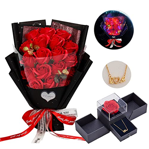EIGHTOWN Roses Bouquet Artificial Flower - Preserved Red Rose Flowers with Love Necklace for Her - Unique Gifts Valentine's Day, Mother's Day, Thanksgiving, Birthday, Anniversary - color: Bright Red