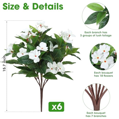 Ouddy Decor 6 Bundles Artificial Impatiens Flowers for Outdoors Decoration, Silk Flowers Bouquet Fake Plants UV Resistant for Spring Summer Garden Porch Window Box Balcony Home Decor, White - color: White