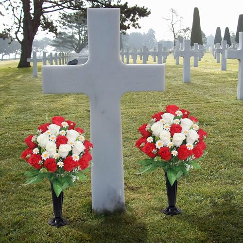 Wocst Artificial Cemetery Flowers for Grave Memorial Day Flowers for Cemetery,2Pack Artificial Silk Roses Daisy Bouquets with Cemetery Vases for Outdoor Grave Decorations ﻿ (Red White) - color: Red White