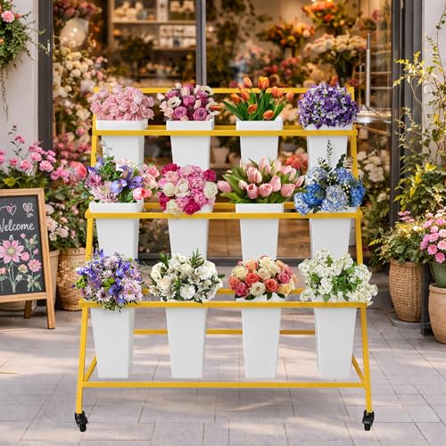 PROLEE Flower Display Stand with 12 Buckets, Flower Cart 3 Layers, Flower Stand Metal with Wheels, Moving Florist Bouquet Shelf, Triangular Rack, Gold - color: Gold