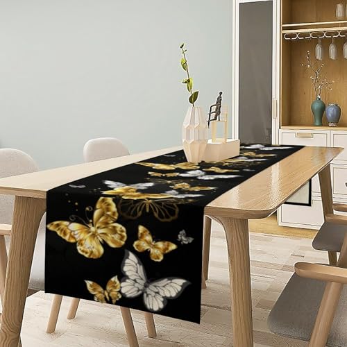 Golden Butterfly Table Runner, Black Gold Butterflies Kitchen Dining Table Decoration for Home Party Decor 13x36 Inch - color: Butterfly_5, size: 13x36inch