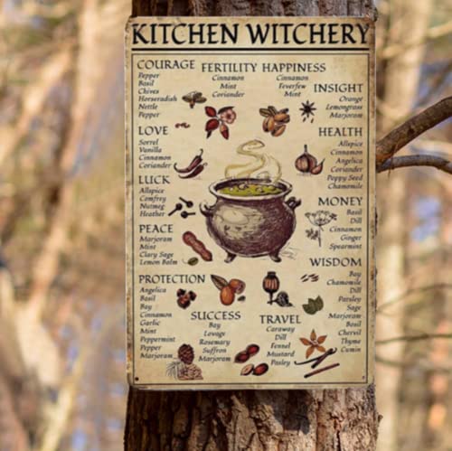 EMOHAT kitchen witchery Spice and Cooking Herbs Witchcraft Witch Fun World Education Science Classroom Infographic Funny Metal Tin Sign halloween Decorative School Farm Wall Decor 8x12 inch