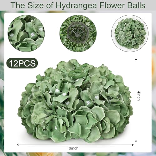 Hydrangea Flower Balls for Centerpieces - 12 PCS Artificial Floral Arrangement with Base, 8 Inch Diameter Fake Silk Kissing Ball for Wedding Table Home Party Decor - Sage Green - color: Sage Green-8 Inch-12 Pcs, size: Small Size