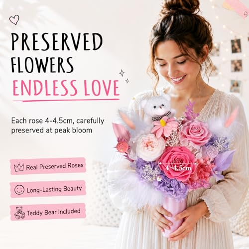 Preserved Flowers Bouquet with Bear, 3 Real Forever Flowers for Delivery, Long-Lasting Sweet Pink Eteranl Roses Bouquet, Anniversary Birthday Gifts for Women Mom Her Girlfriend Wife - color: Soft Pink