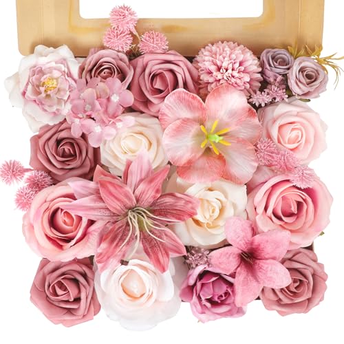 Dusty Rose Artificial Flowers, Fake Rose Dusty Pink Flowers Faux Flower Arrangements Centerpieces Table Decor Wedding Party Baby Showers Home Cake Floral Decorations - color: Pink