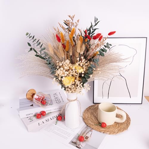 Handmade Bohemian Dried Flower Bouquet – Spring Summer Flowers Arrangement with Strawflower, Pampas Grass, Bunny Tails & Eucalyptus – Rustic Farmhouse, Shelf, Dining Table & Home Decor
