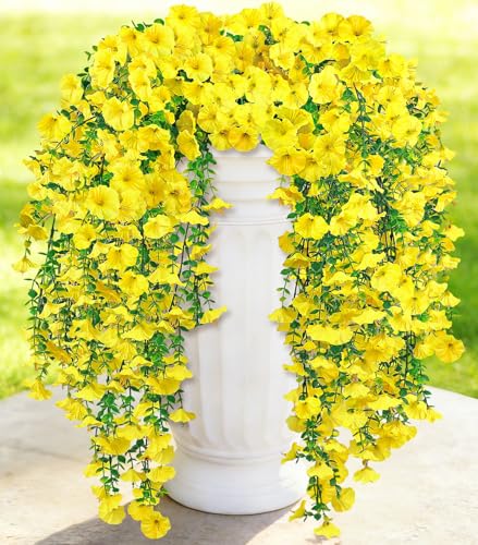 Artificial Hanging Flowers for Outdoors, 6Pcs UV Resistant Morning Glory Vines Fake Flowers with Eucalyptus, Realistic Silk Faux Hanging Plants Decor for Outside Planter Porch Patio (Yellow) - color: Yellow