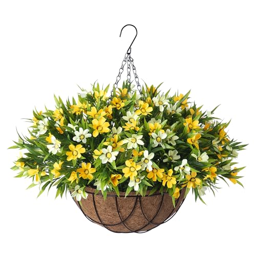 INXUGAO Artificial Hanging Flowers with 12" Basket for Outdoor Decor, Faux Silk Daisy Flower UV Resistant Plants Arrangements Decoration for Indoor Porch Garden Yard(Yellow) - color: B-yellow