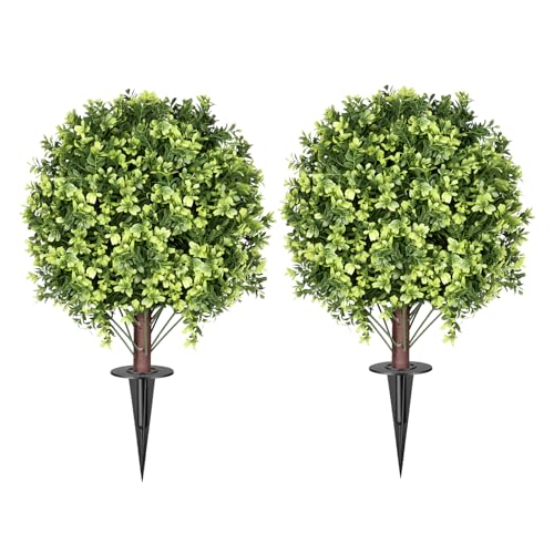 2 Pack 26 Inch Artificial Boxwood Topiary Ball Trees with Ground Spikes, UV Resistant Fake Outdoor Plants for Front Door Porch Patio Garden, Faux Boxwood Shrubs for Entryway Home Decor - color: Boxwood Topiary Ball Trees Bright Green 26