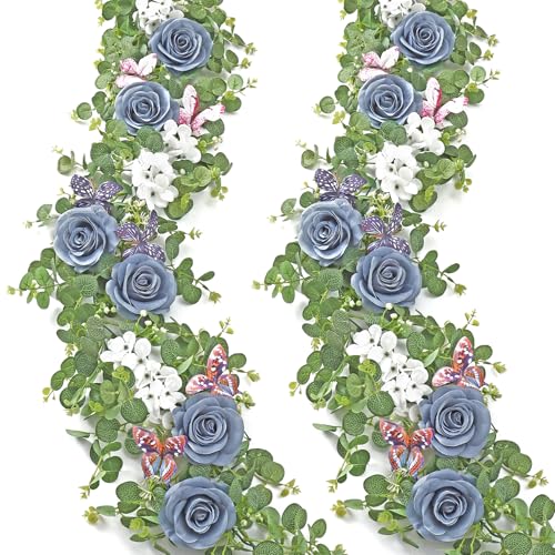 TOCHGREEN 2 Pack 5.9 Ft Artificial Fake Flower Vine White Rose Hydrangea Vines with 3D Butterfly Hanging Floral Greenery Eucalyptus Vines for Wedding Table Party Background Decor (Blue White, 2PCS) - color: Blue White