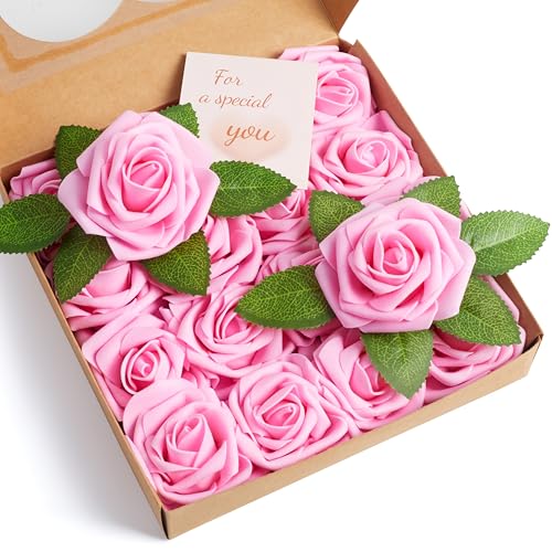 16 Pcs Fake Dark Pink Roses Artificial Flowers | Pink Foam Roses with Stems, Artificial Flowers for DIY Wedding Bouquets, Centerpieces, Party, Home Decor - color: Dark Pink