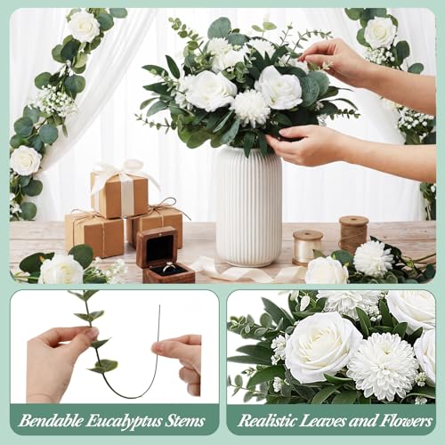 Yinder 120 Pcs 7 Kinds Artificial Eucalyptus Stems and Faux Flowers Bulk Mixed Fake Greenery Silver Dollar Eucalyptus Leaves Artificial Baby's Breath Dandelions for Wedding DIY Vase Floral Bouquets