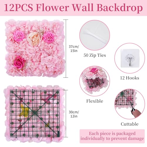 Zythrem 12-Pack Flower Wall Backdrop Rose Pink Backdrop 15×15 Inch Artificial Silk Flower Panels 3D Pink Flower Wall for Wedding Birthday Party Home Event Photography Background - color: Pink