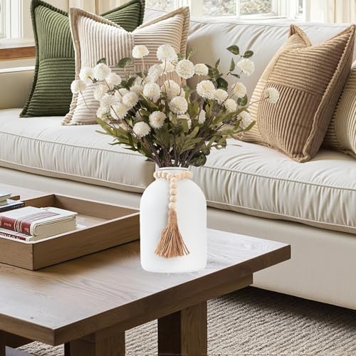 20''H Fake Flowers in Large Vase for Centerpiece Table Decorations with 10Pcs Fake Mums Flowers Eucalyptus Stems Faux Pompon Kiku Flowers Arrangement for Home Decor (White/White Vase) - color: White/White Vase