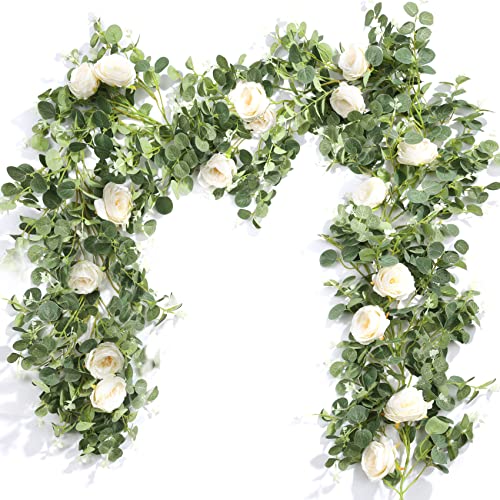 Der Rose 4 Pcs 26FT Artificial Flower Garland, Floral Eucalyptus Spring Garland with Champagne Rose, Faux Flower Vine for Wedding Arch Backdrop & Table Decor - color: Champagne 4 Pcs