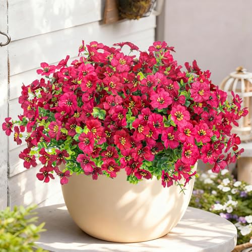 Artificial Flowers for Outdoors Decoration for UV Resistant Silk,16 Bundles | Artificial Violet Flowers for Outdoor Decor, Realistic Fake Plants for Porch,Garden,Window Box,All Rose Red - color: Rose Red