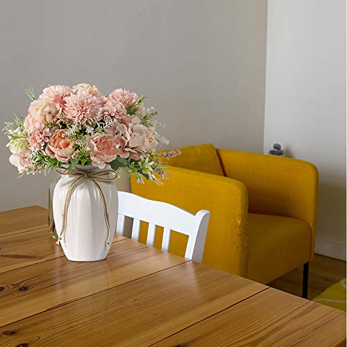 Peonies Artificial Flowers in Vase, Fake Hydrangea Silk Peony Flower Bouquet with Vase Faux Flowers Arrangement Decor Home Table Dining Room (Pink) - color: Pink
