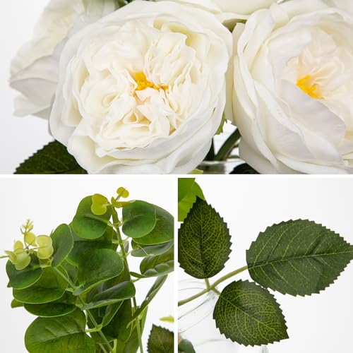Hollyone Real Touch Peonies Artificial Flowers Arrangements in Vase White Fake Peonies with Glass Vase Silk David Austin Roses Faux Flowers with Clear Faux Water Bouquet Table Centerpiece Home Decor - color: White