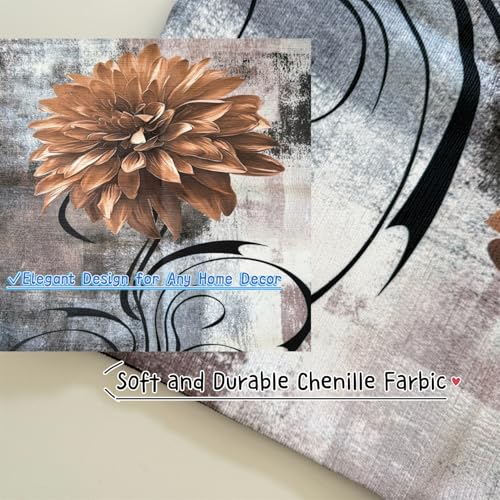 OYIMUA Soft Thick Chenille Grey and Brown Table Runner 72 Inches Long Vintage Abstract Painting Flowers Spring Summer Rustic Dining Table Decorations for Home Indoor Outdoor - size: 13" x 72", Table Runner, style: Grey