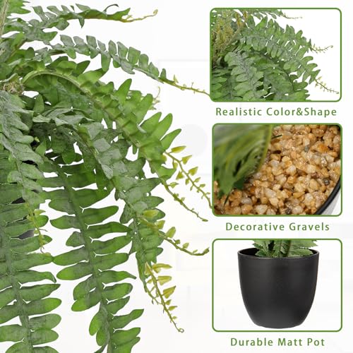 Hollyone Artificial Fern Plants in Pot 18.8" Small Artificial Boston Fern 24 Leaves for Outdoors & Indoor Faux Potted Plant Fake Ferns Bush Plant Patio Garden Farmhouse Porch Home Decor Dusty Green - color: Black Pot - Dusty Green Small