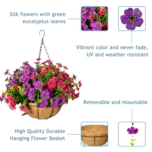 Artificial Hanging Flowers for Outdoors with Basket,UV Resistant Realistic Faux Hanging Plants Outdoor Artificial Flowers for Outdoors Basket for Yard Porch Patio,12 Bundles(Fuchsia,Rose red) - color: Fuchsia+rose Red