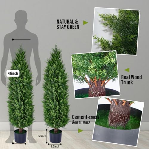 Artificial Cedar Topiary Trees, Set of 2 Lifelike Faux Pruned Cypress with Heavy-Duty Planters – UV-Resistant Outdoor Artificial Shrubs for Indoor/Outdoor Decor (40 Inches) - size: 40in