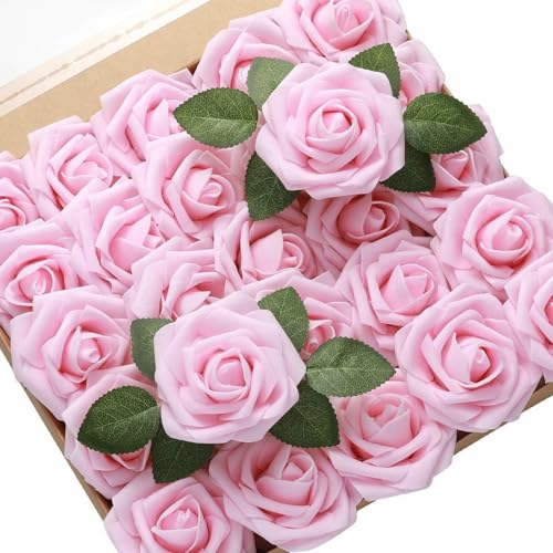 Artificial Flowers Roses with Stems for DIY Wedding Christmas Tree Bouquet Baby Shower Centerpiece Floral Arrangement Party Home Decor Mothers Day Decorations (Pink-red, 25) - color: Pink-red, size: 25