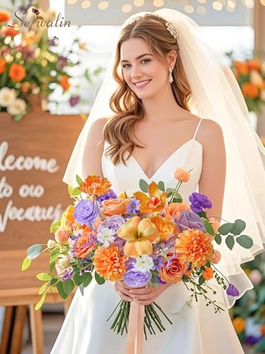 Serwalin Artificial Orange & Purple Flowers, Silk Fake Flowers Stems for Wedding Bouquets DIY, Baby Shower Centerpieces, Cake Decor, Birthday Party & Home Decor - color: Orange & Purple, size: Grand