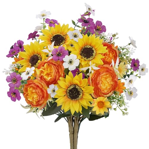 14.17" Cemetery Flowers for Grave Vase Sunflower Artificial Flowers Bouquet Peonies Silk Sunflowers Realistic Flower Arrangements for Cemetery Wedding Table Centerpieces Home Decor - color: Yellow-1
