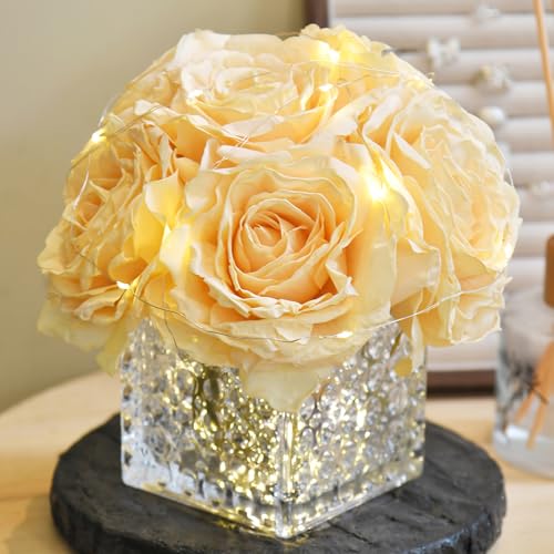 Artificial Rose in Glass Vase Vintage Silk Flower Arrangement with LED Light for Table Centerpiece Home Wedding Decoration (Champagne) - color: Champagne