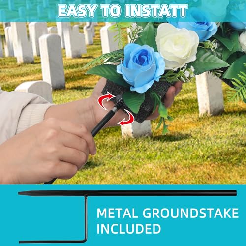 Artificial Cemetery Flowers,Set of 2 Faux Floral Cross,Artificial Rose Bouquet Decoration for Cemetery Headstones Gravesites,Silk Flowers for Long-Lasting Remembrance (Blue) - color: Blue