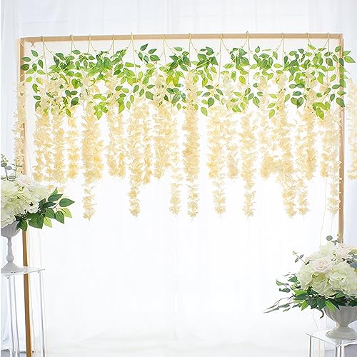 24 Pack Champagne Wisteria Hanging Flowers Garland, 3.77 Feet Artificial Flower Vines, Fake Wisteria, Artificial Vines Hanging Garland for Backdrop Outdoor Yard Garden Decor - color: Champagne, size: 24 PCS