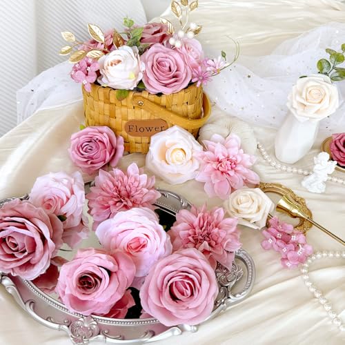 Dusty Pink Roses Gold Flowers Combo Box for Centerpieces Blush Pink Faux Flowers Bulks DIY Wedding Bouquets Cake Decor Boho Silk Artificial Floral Individually Stems Baby Shower Party Arrangements - color: Dusty Rose Gold